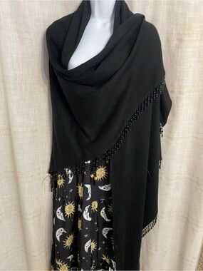 Vtg 90s Silver Threads Witchy Beaded Shawl Wrap Whimsigoth Made in USA Fringe
